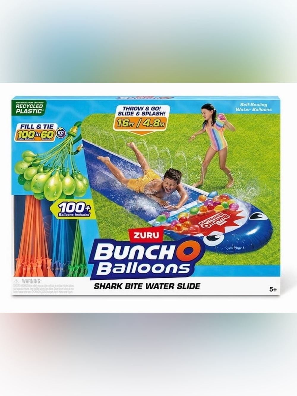 ZURU Bunch O Balloons Shark Bite Water Slide 16 ft w/ 100+ Self-Sealing Balloons